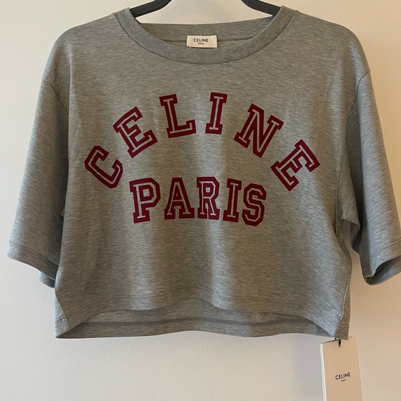 Celine Tops - NWT Celine S Cropped Jersey T-Shirt Grey/Burgundy